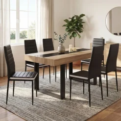 Ensemble table à manger rectangle bois et noir bande centrale noire 160 cm et 6 chaises noires bandeau blanc