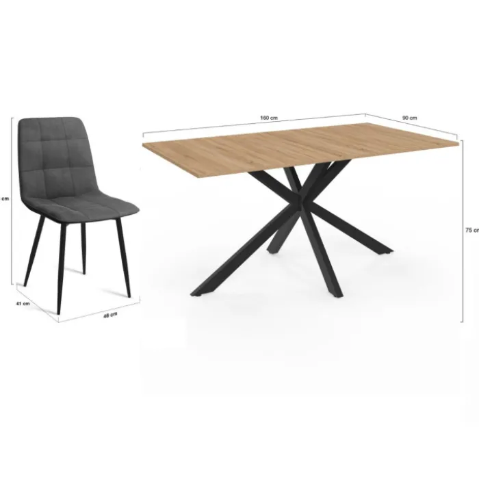 Ensemble table à manger rectangle 160 cm bois et noir et 6 chaises en velours gris foncé
