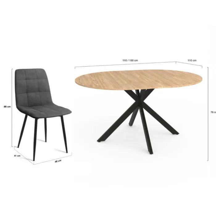 Ensemble table à manger ronde extensible 110 - 150 cm et 4 chaises en velours gris foncé