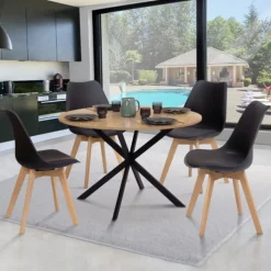 Ensemble table à manger ronde 110 cm bois et noir et 4 chaises noires