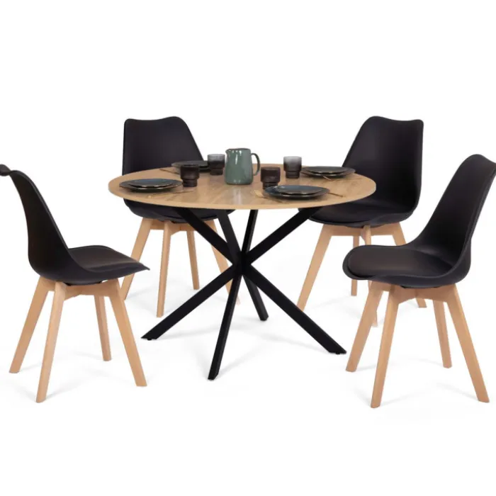 Ensemble table à manger ronde 110 cm bois et noir et 4 chaises noires
