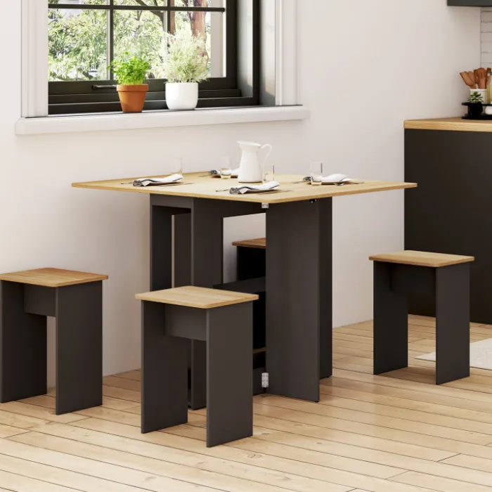 Ensemble table console pliable 2-4 personnes bois noir et plateau façon hêtre avec 4 tabourets