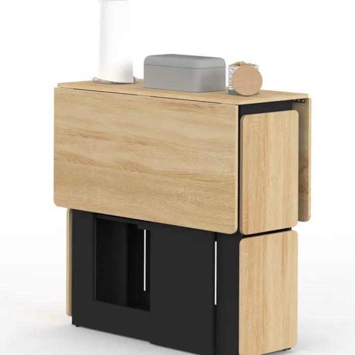 Ensemble table console pliable 2-4 personnes bois noir et plateau façon hêtre avec 4 tabourets