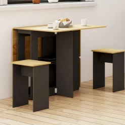 Ensemble table console pliable 2-4 personnes bois noir et plateau façon hêtre avec 4 tabourets