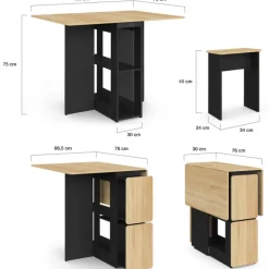 Ensemble table console pliable 2-4 personnes bois noir et plateau façon hêtre avec 4 tabourets