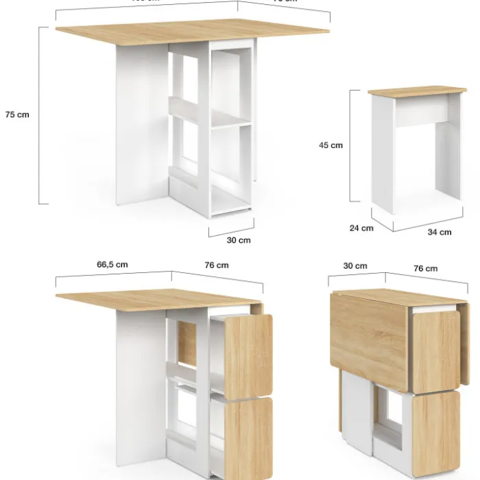 Ensemble table console pliable 2-4 personnes bois blanc et plateau façon hêtre avec 4 tabourets
