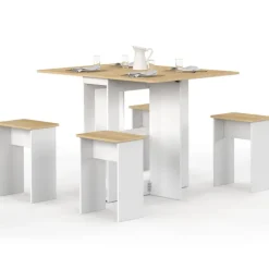 Ensemble table console pliable 2-4 personnes bois blanc et plateau façon hêtre avec 4 tabourets