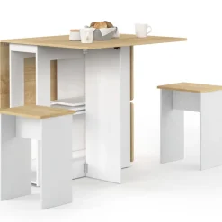 Ensemble table console pliable 2-4 personnes bois blanc et plateau façon hêtre avec 4 tabourets