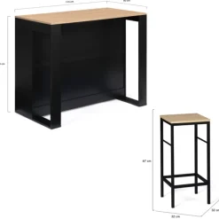 Ensemble table de bar + 2 tabourets de bar bois noir et imitation hêtre