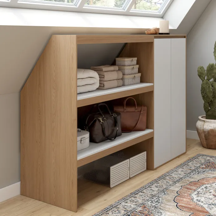 Ensemble étagère 2 niveaux + armoire 2 portes sous pente hêtre et blanc