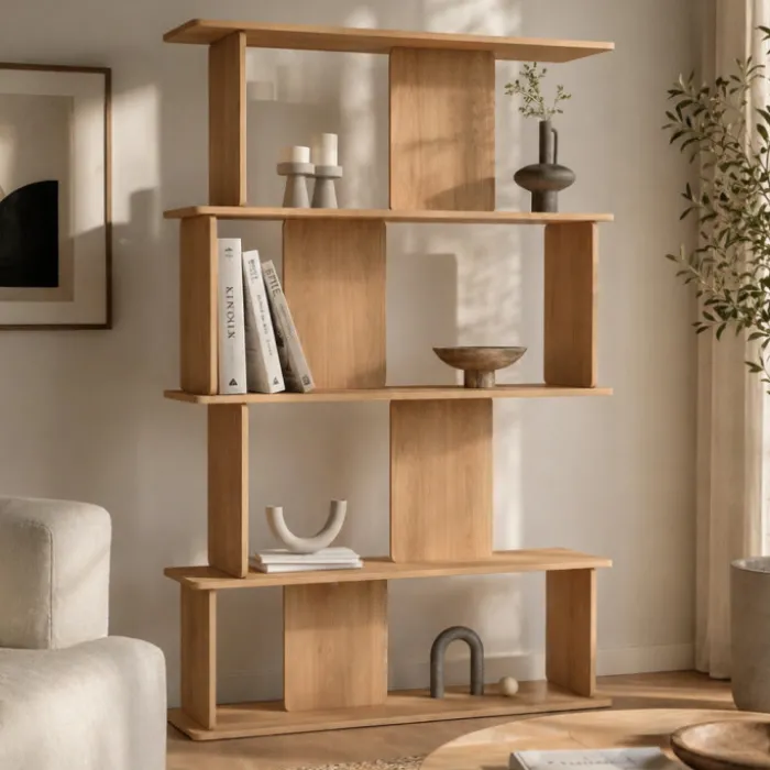 Etagère 4 niveaux asymétrique façon hêtre design arrondi