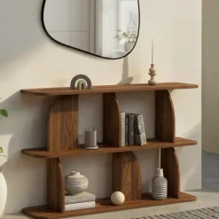 Etagère 2 niveaux japandi asymétrique effet noyer