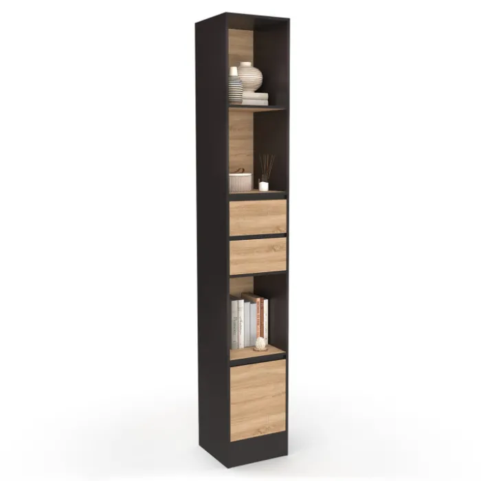 Etagère bibliothèque 190 cm 3 étagères 2 tiroirs 1 placard noir et effet bois
