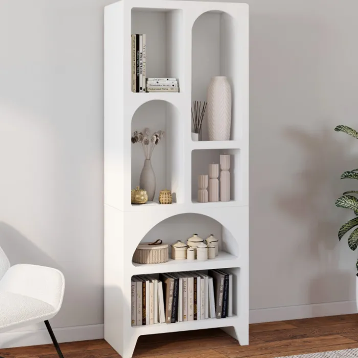 Etagère bibliothèque 6 compartiments style organique bois blanc
