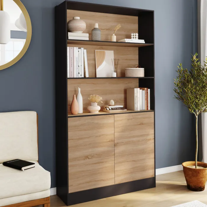 Etagère bibliothèque 3 niveaux XXL 1 placard noir et effet bois 190 cm