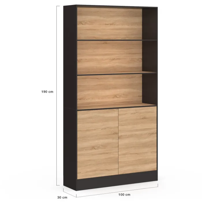 Etagère bibliothèque 3 niveaux XXL 1 placard noir et effet bois 190 cm