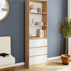 Etagère bibliothèque 3 niveaux 3 tiroirs blanc et effet bois