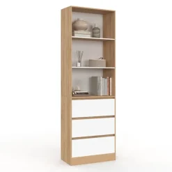 Etagère bibliothèque 3 niveaux 3 tiroirs blanc et effet bois