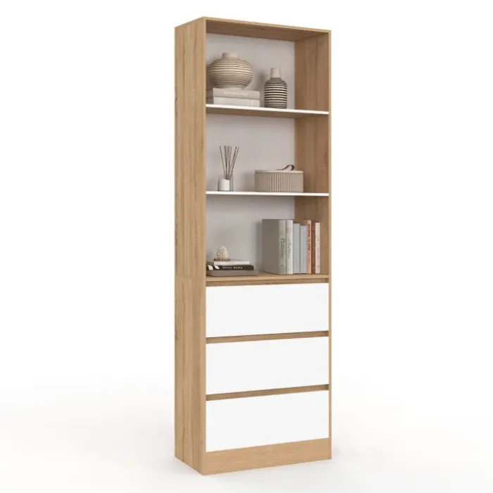Etagère bibliothèque 3 niveaux 3 tiroirs blanc et effet bois