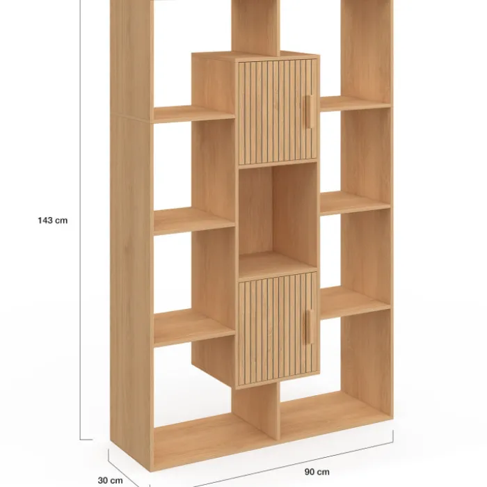 Etagère bibliothèque avec 11 compartiments et 2 cases effet lattes 143 cm