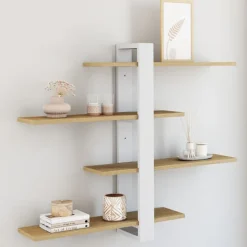Etagère murale avec étagères coulissantes 4 niveaux façon hêtre et blanc