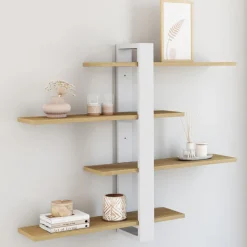 Etagère murale avec étagères coulissantes 4 niveaux façon hêtre et blanc