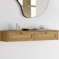 Etagère murale console d'entrée 2 tiroirs effet naturel cannage