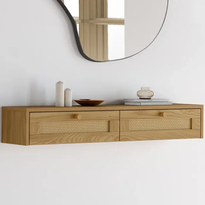 Etagère murale console d'entrée 2 tiroirs effet naturel cannage