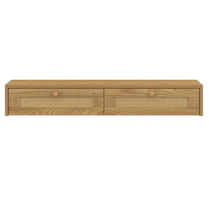 Etagère murale console d'entrée 2 tiroirs effet naturel cannage