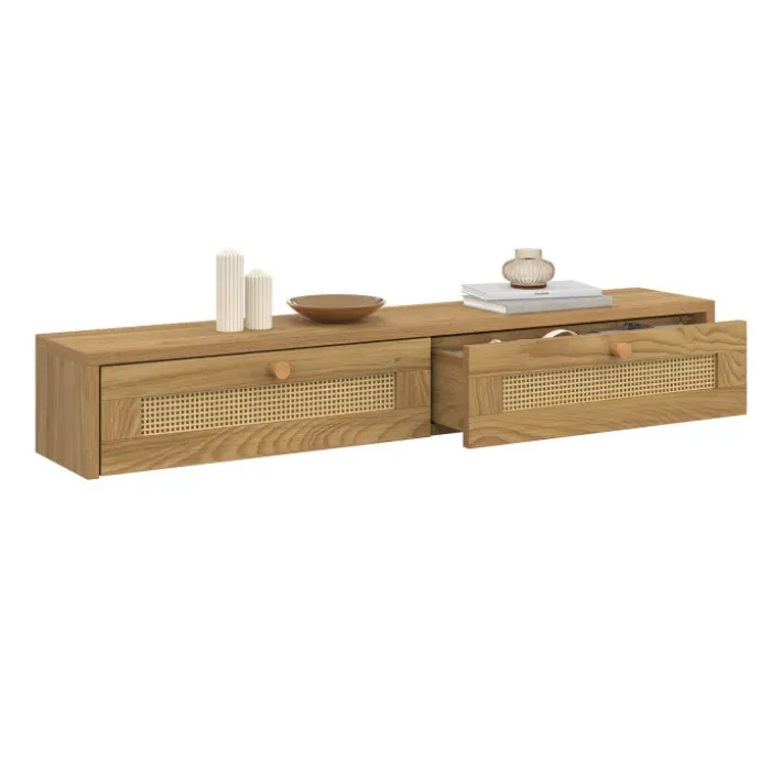 Etagère murale console d'entrée 2 tiroirs effet naturel cannage