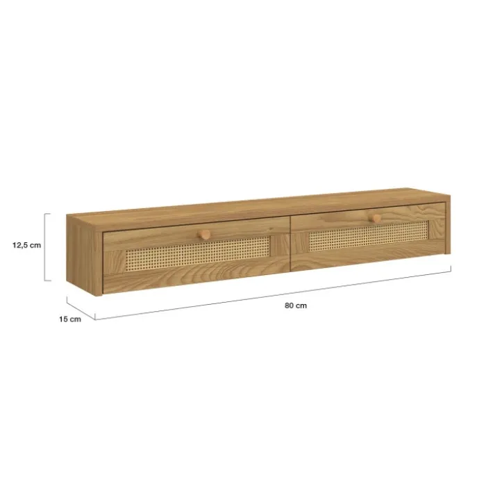 Etagère murale console d'entrée 2 tiroirs effet naturel cannage