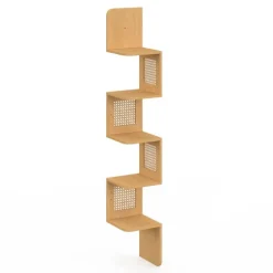 Etagère murale d'angle 5 niveaux bois et cannage