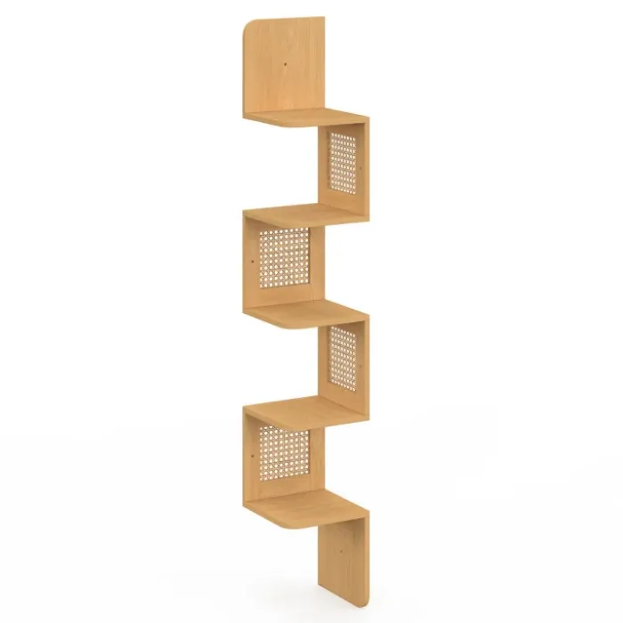 Etagère murale d'angle 5 niveaux bois et cannage