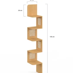 Etagère murale d'angle 5 niveaux bois et cannage