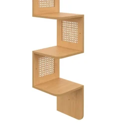 Etagère murale d'angle 5 niveaux bois et cannage