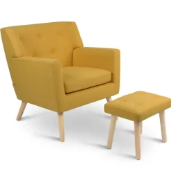 Fauteuil avec repose pieds en tissu jaune style scandinave