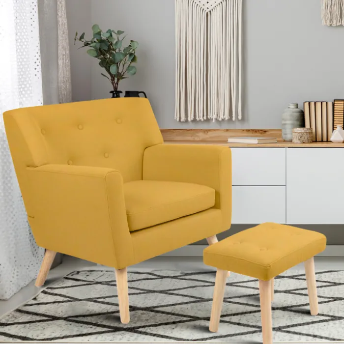 Fauteuil avec repose pieds en tissu jaune style scandinave