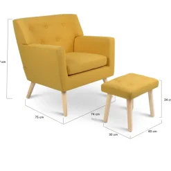 Fauteuil avec repose pieds en tissu jaune style scandinave