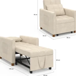 Fauteuil convertible lit d'appoint 1 place 69 x 170 cm tissu chenille beige