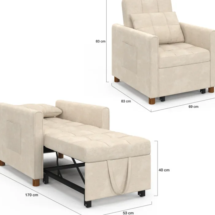 Fauteuil convertible lit d'appoint 1 place 69 x 170 cm tissu chenille beige