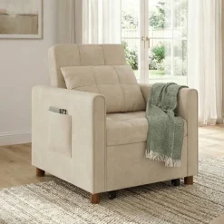 Fauteuil convertible lit d'appoint 1 place 69 x 170 cm tissu chenille beige