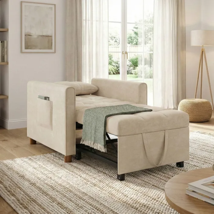 Fauteuil convertible lit d'appoint 1 place 69 x 170 cm tissu chenille beige