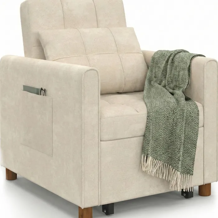 Fauteuil convertible lit d'appoint 1 place 69 x 170 cm tissu chenille beige
