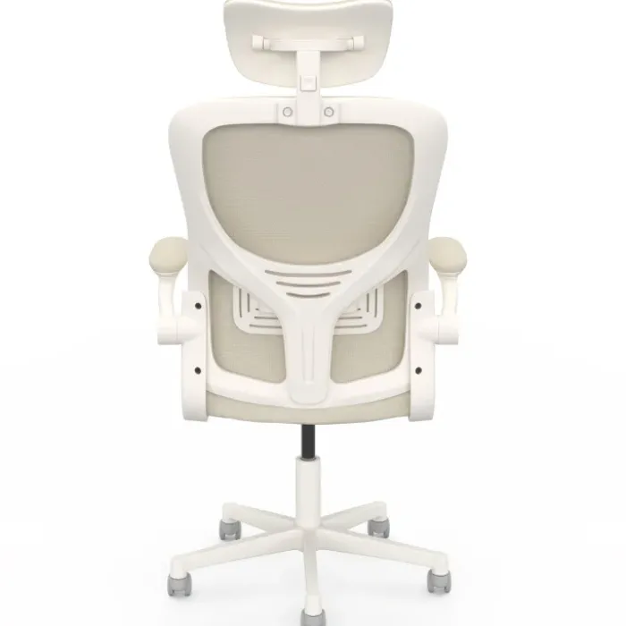 Fauteuil de bureau JAMES ergonomique en toile respirante et appui-tête avec roulettes beige et blanc