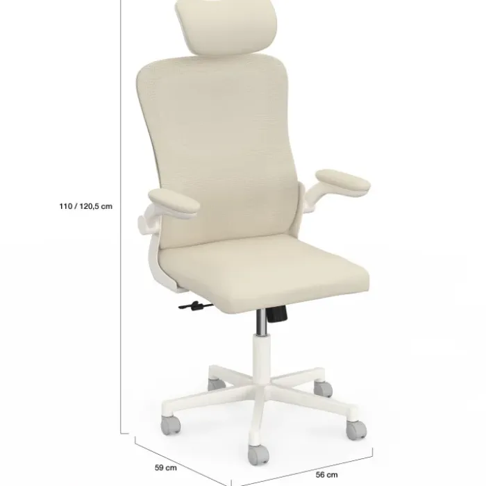 Fauteuil de bureau JAMES ergonomique en toile respirante et appui-tête avec roulettes beige et blanc