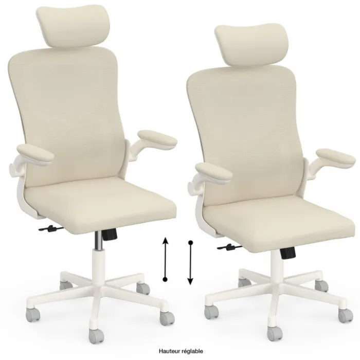 Fauteuil de bureau JAMES ergonomique en toile respirante et appui-tête avec roulettes beige et blanc