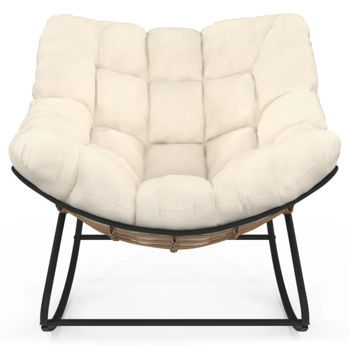 Fauteuil de jardin à bascule effet rotin avec coussin écru
