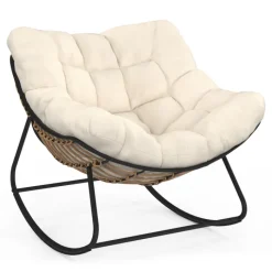 Fauteuil de jardin à bascule effet rotin avec coussin écru