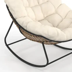 Fauteuil de jardin à bascule effet rotin avec coussin écru