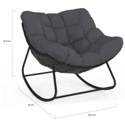 Fauteuil de jardin à bascule effet rotin gris avec coussin gris